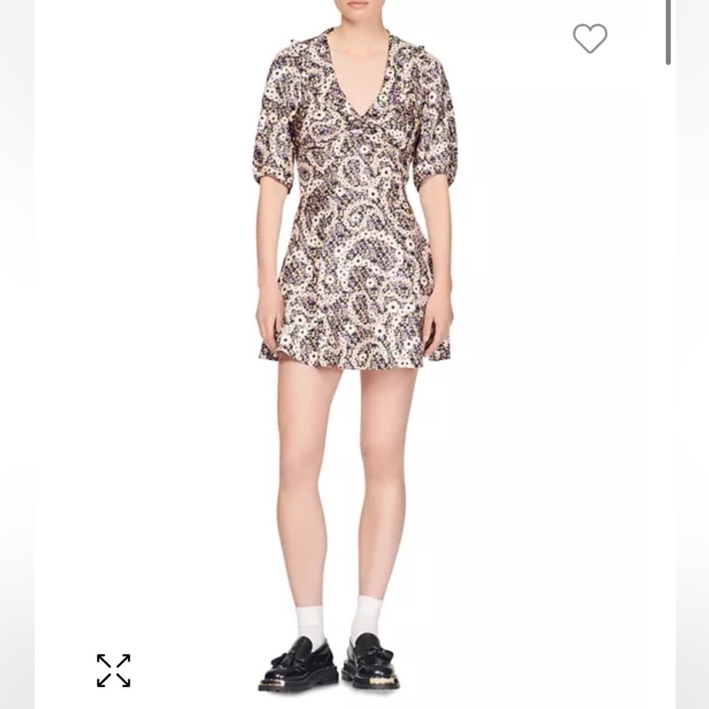 Sandro Casablanca Puff Sleeve 100% Silk Mini Dress Daisy Chain Paisley XS NWT